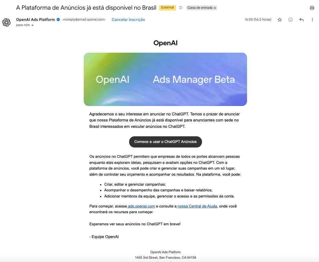 E-mail oficial da OpenAI anunciando que a Plataforma de Anúncios (OpenAI Ads Manager Beta) já está disponível no Brasil