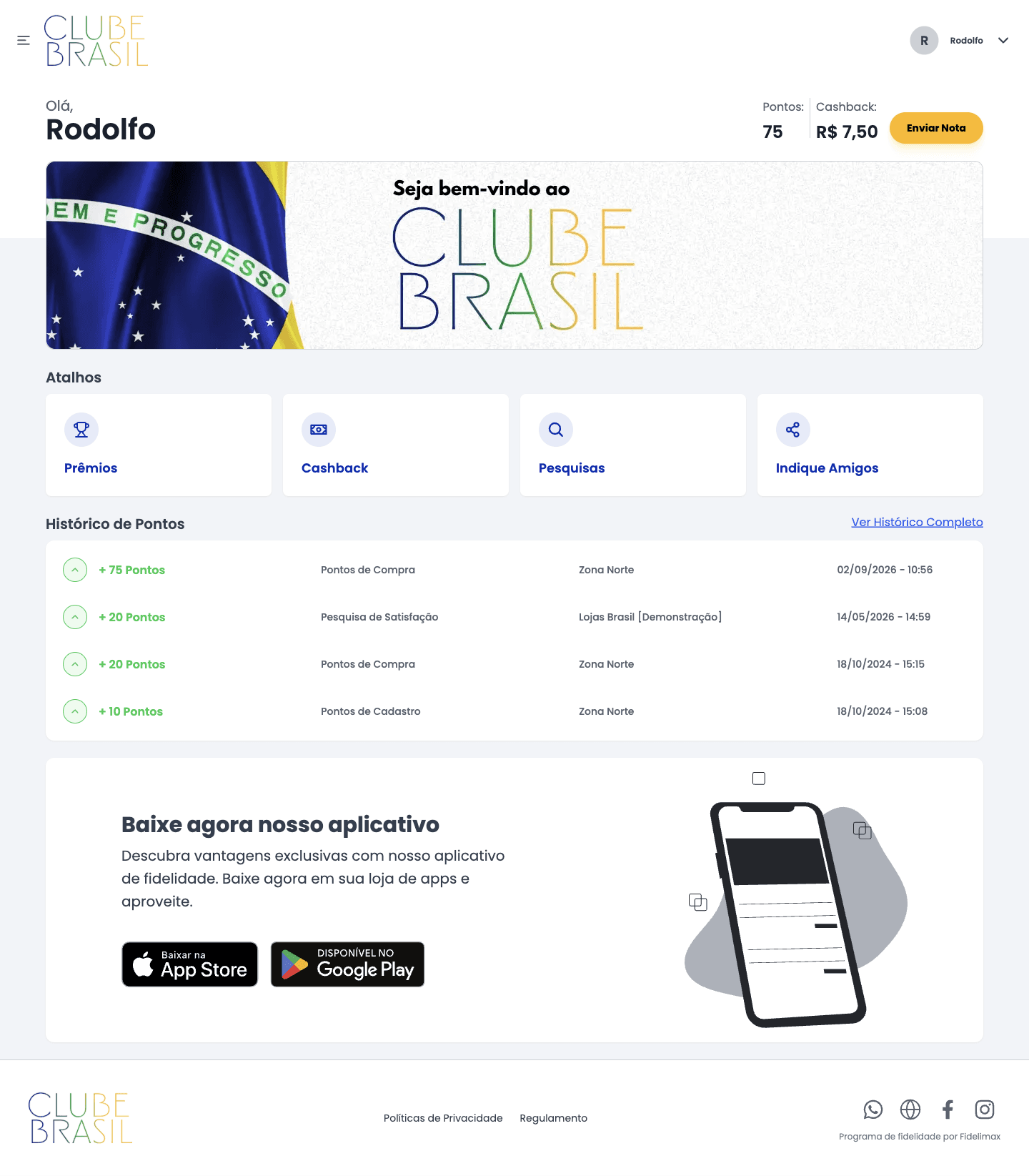 Tema padrão do portal Fidelimax, com o logo e as cores da marca